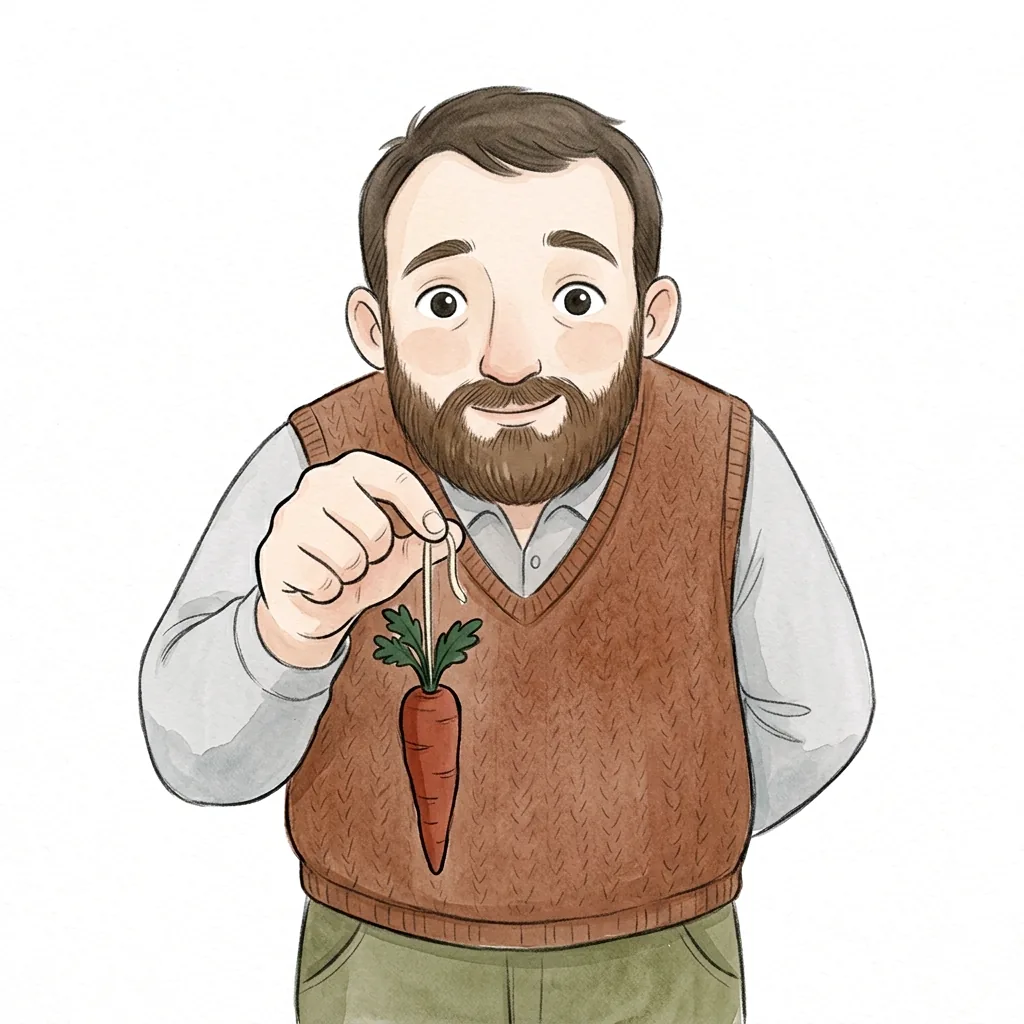 A bearded man dangles a carrot on a string, smiling coaxingly.