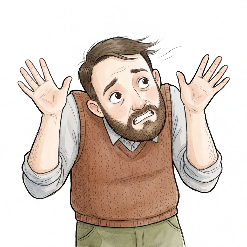 A bearded man flinches, ducking his head between hunched shoulders with both palms raised beside his head.