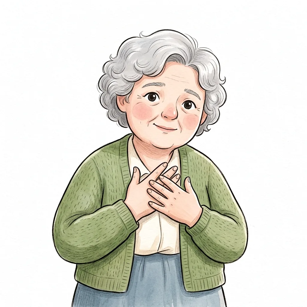 An older woman presses both hands to her chest as her stern face softens into a tender smile.