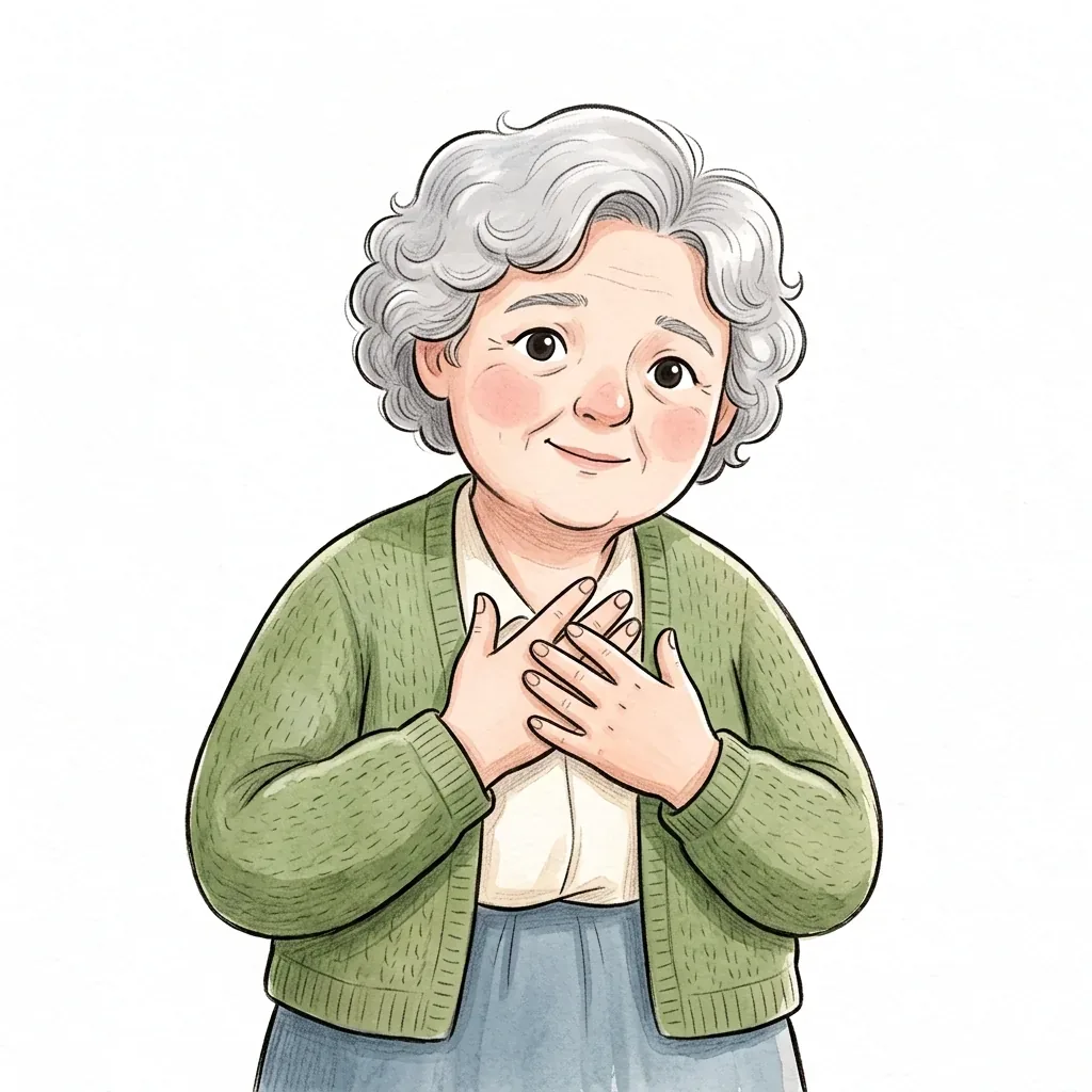 An older woman presses both hands to her chest as her stern face softens into a tender smile.