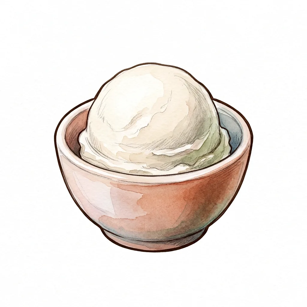 A round scoop of ice cream sitting in a terracotta bowl