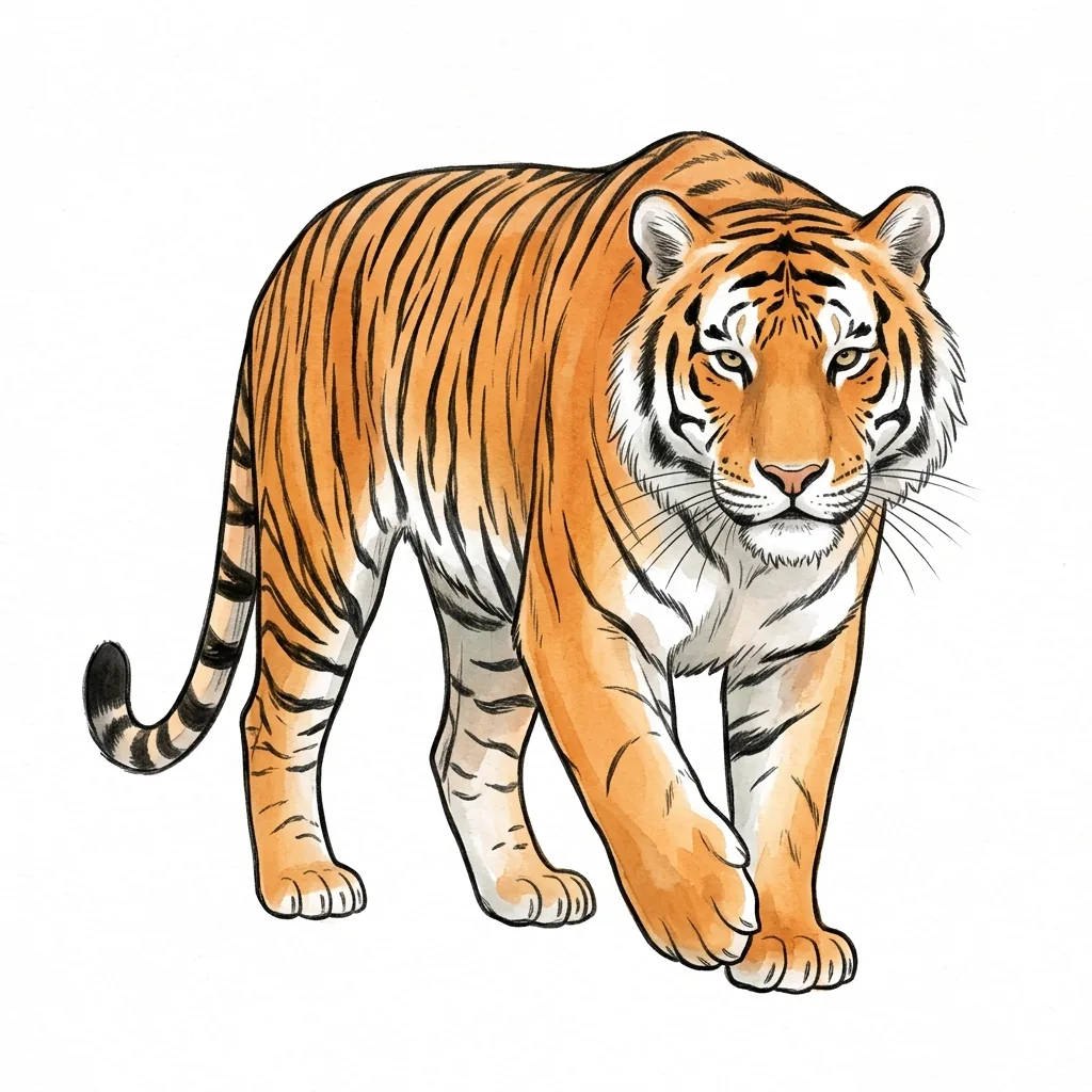 An orange tiger with black stripes walks straight towards the viewer, one front paw lifted mid-stride.